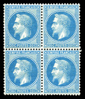 ** N°29A, 20c Bleu Type I En Bloc De Quatre, Bon Centrage, Fraîcheur Postale. SUPERBE. R. (signé Calves/certificats)  Qu - 1863-1870 Napoléon III Lauré