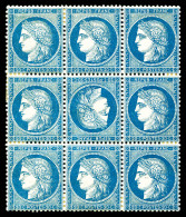 * N°37c, 20c Bleu Sur Jaunâtre: TÊTE-BÊCHE Au Centre D'un Bloc De 9, Fraîcheur Postale, Centrage Parfait. RARE Et SUPERB - 1870 Siège De Paris