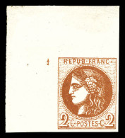 ** N°40B, 2c Brun-rouge Coin De Feuille Avec Petit Chiffre '1' En Marge, FRAÎCHEUR POSTALE, RARE ET SUPERBE (certificat) - 1870 Bordeaux Printing