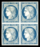 (*) Essais Non émis, Cérès 20c Bleu: Essais Sur Papier Bristol En Bloc De Quatre, Très Jolie Pièce, Rare (certificat)  Q - 1849-1850 Cérès