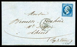 O N°14B, 20c Bleu Sur Lettre Pour Thiers (Puy-de-Dôme), Obl. Cachet D’essai « 1818 » Bâton (connue Sur Lyon Uniquement D - 1849-1876: Période Classique