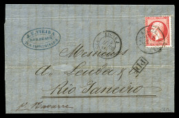 O N°24, 80c Empire Dentelé Obl C LIGNE J/PAQ. FR. N°1 Sur Lettre De Bordeaux à Destination De Rio De Janeiro Le 25 Mars  - 1849-1876: Période Classique