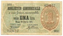 1 LIRA BIGLIETTO CONSORZIALE REGNO D'ITALIA 30/04/1874 BB/BB+ - Biglietto Consorziale