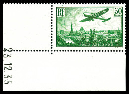 ** N°14, Avion Survolant Paris, 50F Vert-jaune Coin De Feuille Daté Du 23.12.35. SUP (certificat)  Qualité: **  Cote: 20 - 1927-1959 Mint/hinged