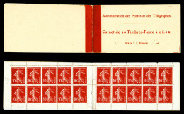 ** N°138-C2, Semeuse Camée, 10c Rouge Chiffres Gras, Couverture Postale 1910: Carnet De 20 Timbres PAPIER X (gomme Strié - Anciens : 1906-1965