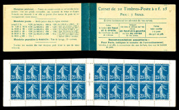 ** N°140-C1a, Semeuse, 25c Bleu-clair, Carnet De 20 Timbres, Prix: 5F, Couverture Postale, Quelques Exemplaires Connus,  - Anciens : 1906-1965