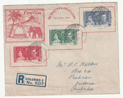 Ceylon 1937 Coronation Private First Day Cover With Elephant . Cover From Colombo To Australia With Registered Post - Ceylon (...-1947)