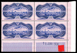 ** N°15, 50F Burelé En Bloc De Quatre Coin De Feuille Daté Du 15 Juin 1936, SUPERBE (signé Calves/certificat)  Qualité:  - Airmail