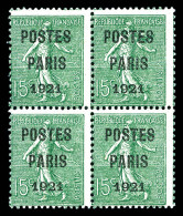 ** N°28, 15c Vert-olive Surchargé 'POSTE PARIS 1921' En Bloc De Quatre, SUPERBE. R.R. (certificat)  Qualité: **  Cote: 7 - 1893-1947