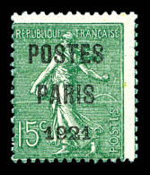 ** N°28, 15c Vert-olive Surchargé 'POSTES PARIS 1921', Frais, SUP. R.R. (certificat)  Qualité: **  Cote: 1750 Euros - 1893-1947