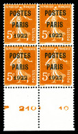 ** N°30, Semeuse 5c Orange Surchargé 'POSTE PARIS 1922', Bloc De Quatre Coin De Feuille, Fraîcheur Postale. SUP. R. (cer - 1893-1947