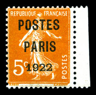 ** N°30, Semeuse 5c Orange Surchargé 'POSTES PARIS 1922', Bord De Feuille Latéral, TTB (certificat)  Qualité: **  Cote:  - 1893-1947