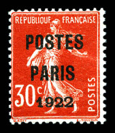 ** N°32, 30c Semeuse Surchargée POSTE PARIS 1922, Infime Froisure De Gomme. TB (certificat)  Qualité: **  Cote: 1350 Eur - 1893-1947