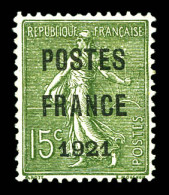 (*) N°34, 15c Vert-olive Surchargé 'POSTE FRANCE 1921', Très Bon Centrage. SUP (certificat)  Qualité: (*)  Cote: 1820 Eu - 1893-1947