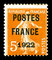 ** N°36, 5c Orange Surchargé ' POSTES FRANCE 1922', TTB (certificat)  Qualité: **  Cote: 300 Euros - 1893-1947