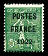 ** N°37, 15c Olive Surchargé 'POSTES FRANCE 1922', Fraîcheur Postale. SUPERBE. R.R. (Certificat)  Qualité: **  Cote: 240 - 1893-1947