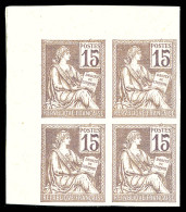 (*) N°117, 15c Mouchon, Essai Violet Non Dentelé En Bloc De Quatre Cdf, TTB (certificat)  Qualité: (*) - Color Proofs 1900-1944