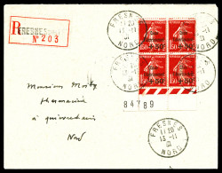 O N°277, Caisse D'Amortissement +50c Sur 1f 50 Rouge En Bloc De Quatre Coin De Feuille Numéroté Sur Lettre Recommandée D - 1921-1960: Période Moderne