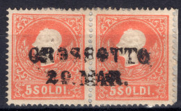 COPPIA ORIZZONTALE DEL 5 SOLDI SASS.25 CON OTTIMA CENTRATURA CON RARO ANNULLO P.10 "GROSSOTTO" STAMPATELLO DIRITTO ANNUL - Nápoles