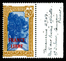 ** N°255A, 20F Bistre Et Bleu Surchargé 'FRANCE LIBRE', Bord De Feuille Latéral, Fraîcheur Postale, SUP (signé Calves/ce - Unused Stamps