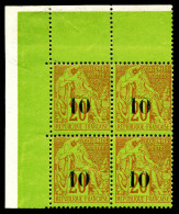 ** N°4, 10 Sur 20c Brique TYPE I En Bloc De Quatre Coin De Feuille. SUPERBE. R.R. (certificat)  Qualité: **  Cote: 6600  - Unused Stamps