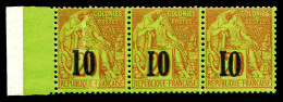 ** N°4, 10 Sur 20c Brique Sur Vert: Types III, VIII Et IX Se Tenant (n°4C, 4G Et 4H) En Bande De Trois, Bord De Feuille  - Unused Stamps