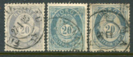 NORWAY 1882-85 Posthorn 20 Øre Three Shades Used.  Michel 41a,b,c - Gebruikt