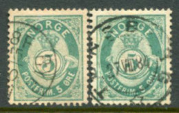 NORWAY 1883 Posthorn 5 Øre Both Shades Used.  Michel 36a,b - Used Stamps