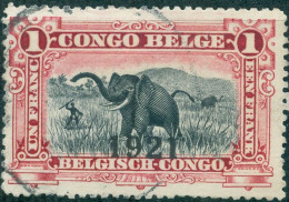 CONGO BELGA, BELGIAN CONGO, FAUNA, ANIMALI, ELEFANTE, 1 Fr., 1910, FRANCOBOLLI USATI Mi:BE-CD 21, Scott:BE-CD 54, - Oblitérés