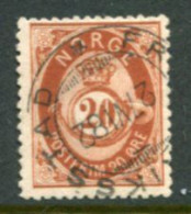 NORWAY 1877 Posthorn 20 Øre Used.  Michel 27 - Oblitérés