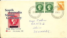 Australia FDC 17-10-1955 South Australia Stamp Centenary In Pair With Cachet Uprated And Sent To Denmark - FDC