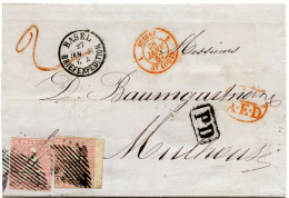 SUISSE - 15 RPX2 SUR LETTRE FRONTALIERE DOUBLE PORT DE BALE POUR MULHOUSE, 1857 - Storia Postale