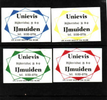 4 Dutch Matchbox Labels, IJmuiden - North Holland, Unievis, Rijksvishal B 8-9, Zündholzetiketten, Netherlands - Boites D'allumettes - Etiquettes