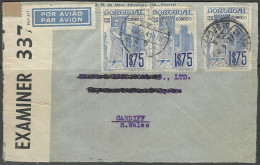 Cover - Porto. YT 3x N°599 - Afg./Obl. Porto - 4° Sector 1941. Contrôle Postal > Cardiff. S. Wales - Par Avion/Por Aviao - Lettres & Documents