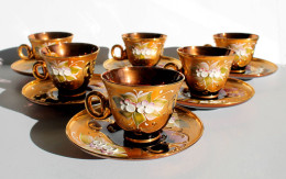 TRE FUOCHI - MAGNIFIQUE ENSEMBLE 6 TASSE Et SOUCOUPE A THÉ CAFÉ En VERRE DE MURANO VENISE 1950 ART DE LA TABLE (0507.34) - Cups