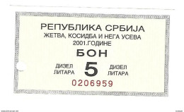 *serbia  Harvest Bon 5 Liter Dizel 2001  S29    With  Stamp - Servië