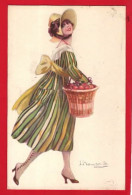 LUIGI BOMPARD      ART DECO GLAMOUR LADY WITH BASKET OF PEACHES   + BONNET  FASHION - Bompard, S.