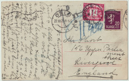 ROYAUME-UNI / UK - SG D11 On 1925 DENMARK To GB Underpaid Postage Due OSLO PPC To LIVERPOOL Franked 20 ör SVALBARD Issue - Tasse