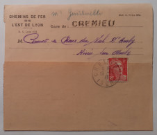 Avis Livraison Colis - Chemins Fer Est De Lyon - Gare CREMIEU - Timbre Marianne Gandon 1947 - Lettres & Documents