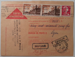 CARTE CONTRE REMBOURSEMENT - Mandat Carte - Cachet LYON BROTTEAUX / 21-01-1958 - Cheques & Traveler's Cheques