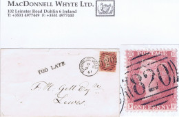 Great Britain Kent 1861 1d Red Plate 42 FF Used On Cover With TOO LATE Of Tunbridge Wells, "820" Duplex Cancel - Storia Postale