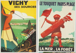 2 CPM Repro Affiches Illustrateurs  Sur Le Golf   Le Touquet (62) Et Vichy (03)    Pour Cartexpo - Golf