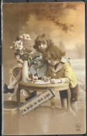 PORTUGAL RPPC   POSTCARD 1922 TINTED  CHILDREN ROSES "UM BEIJO AO MEU PAPA"  - Fotografía