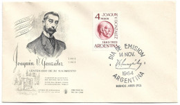 First Day Cover - Argentina, Joaquín V. Gonzalez, 1964, N°489 - FDC