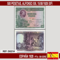 D0221# España 1928. 500 Pesetas. Alfonso XIII. 15/08/1928 (XF) P-77a - 500 Pesetas