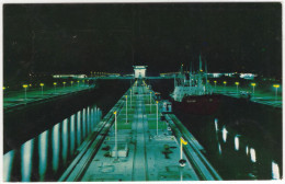 Night Scene, Miraflores Locks, Panama Canal - Republic Of Panama - 1966- Canal Zone Red Metermark - Panama
