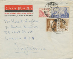 SPANIEN 1957 Franco U.a. Int. MiF A. Flugpostbrief (oben Einriss – Dort Senkrecht Gefaltet) „PALMA DE MALLORCA – LONDON" - Storia Postale