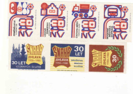 Czechoslovakia - Czechia 7 Matchbox Labels - 30 Years Snaha Jihlava +30 Years City Hall, Transport - Boites D'allumettes - Etiquettes