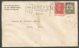 1935 Bank Of Montreal Cover Registered 13c Cartier/Medallion CDS Bury PQ Quebec Local - Postgeschiedenis