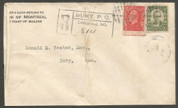 1935 Bank Of Montreal Cover Registered 13c Cartier/Medallion CDS Bury PQ Quebec Local - Storia Postale
